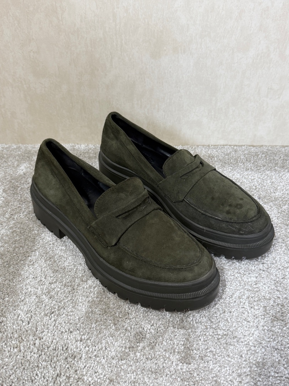 Patina Women’s Zoe Chunky Loafers Shoes Lug-Sole Suede Leather Olive Green 10.5
